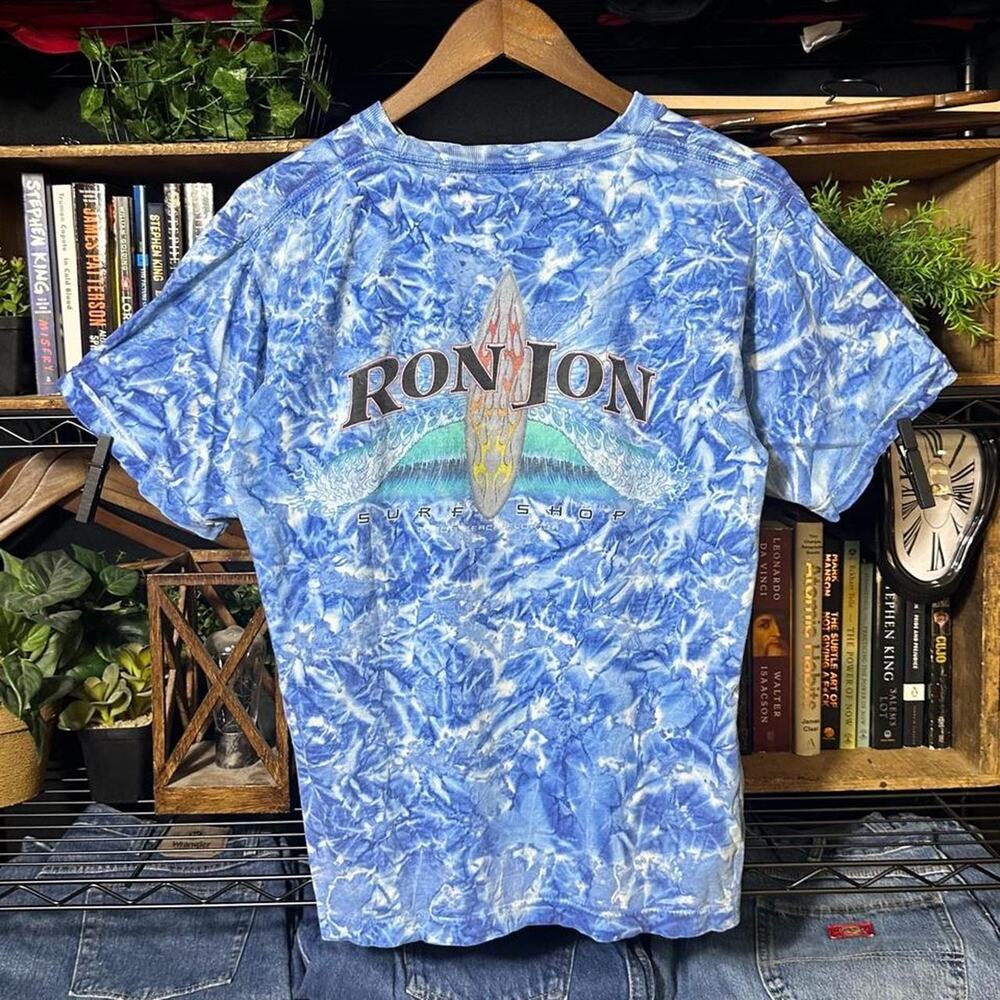 Vintage 90s Single Stitch Ron Jon Surf Tee Medium AOP Tie Dye Acid Wash Shirt